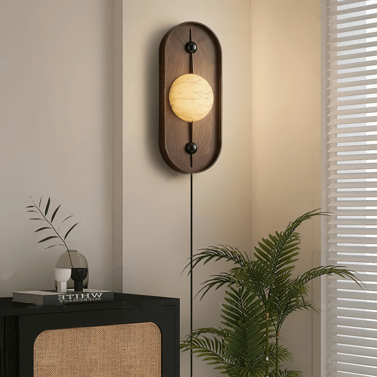 Bezel Alabaster Plug-In Wall Sconce with Walnut Accent