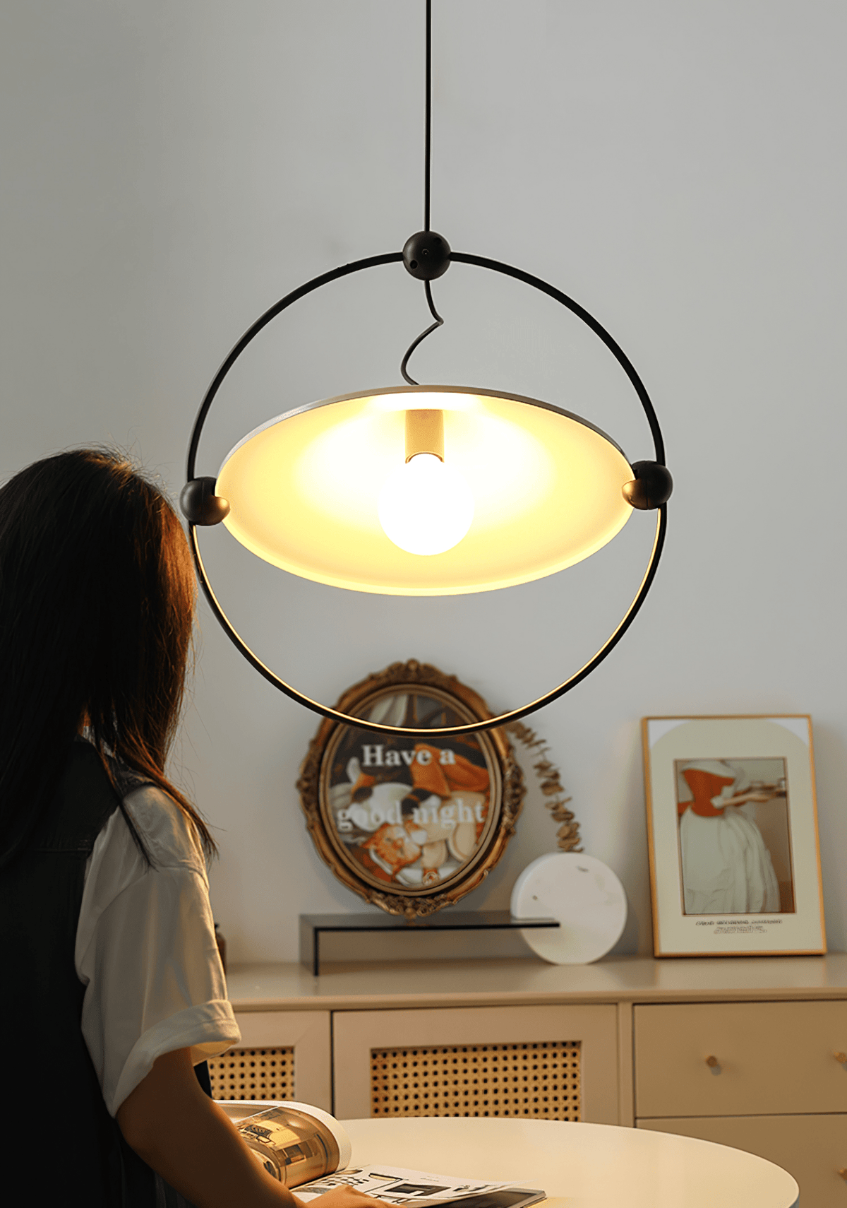 Kyra Pendant Light — Sculptural Golden Shade in Metal Ring