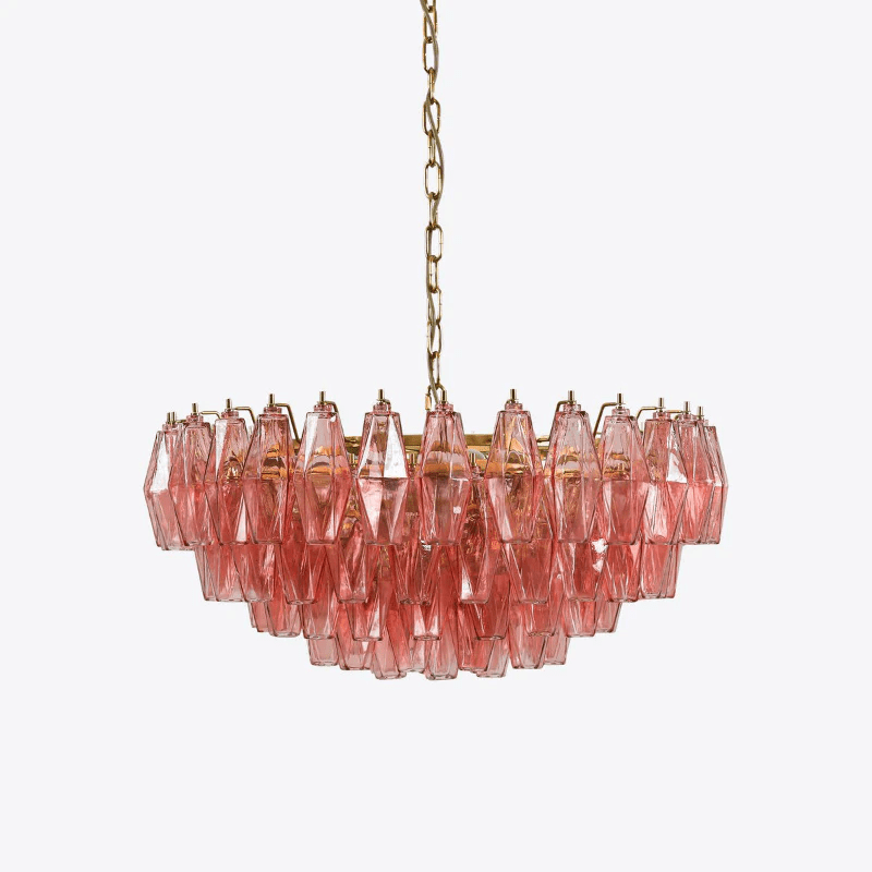 Pink Faceted Glass Drop Chandelier in Polished Gold