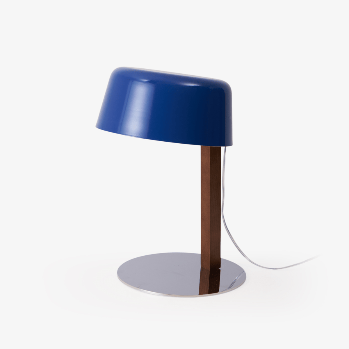 Dario Tilted Table Lamp – Modern Blue Shade, Walnut Wood & Chrome