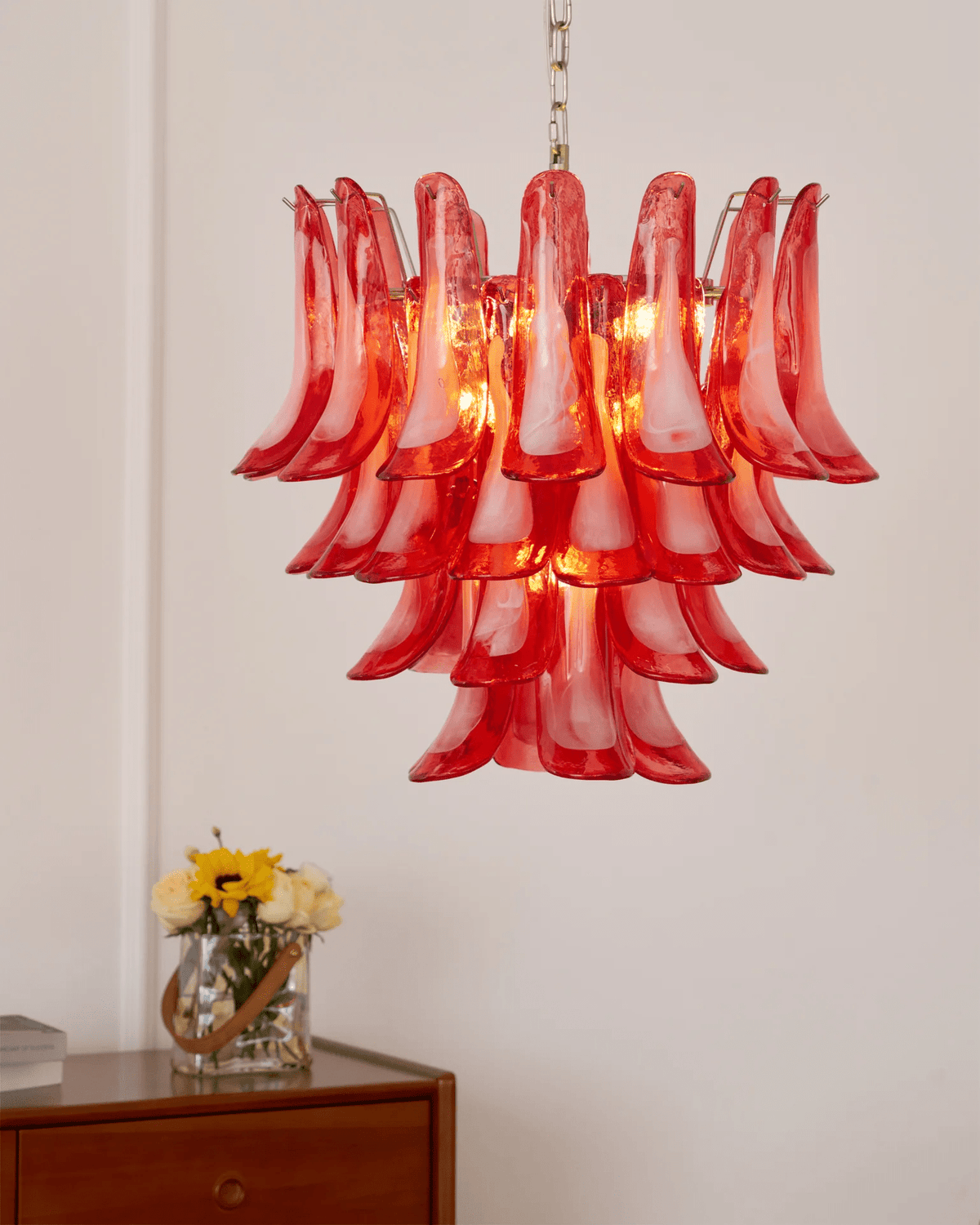 Crimson Glass Petals Chandelier – Murano Style Modern Chandelier for Dining Room and Living Room