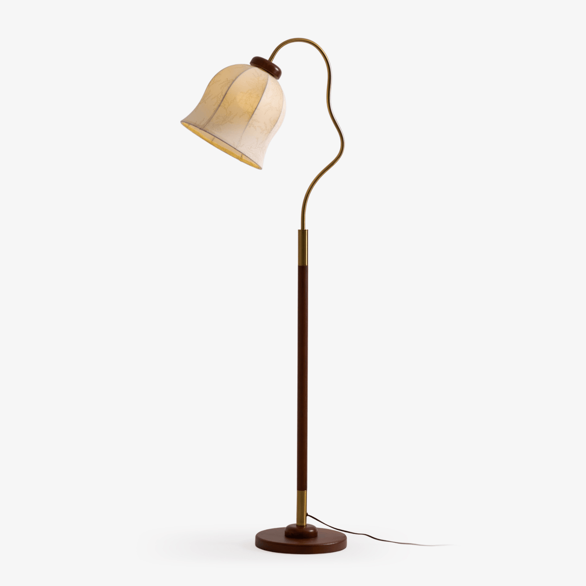 Bellvine Floor Lamp – Curved Brass & Walnut Wood with Floral Fabric Shade