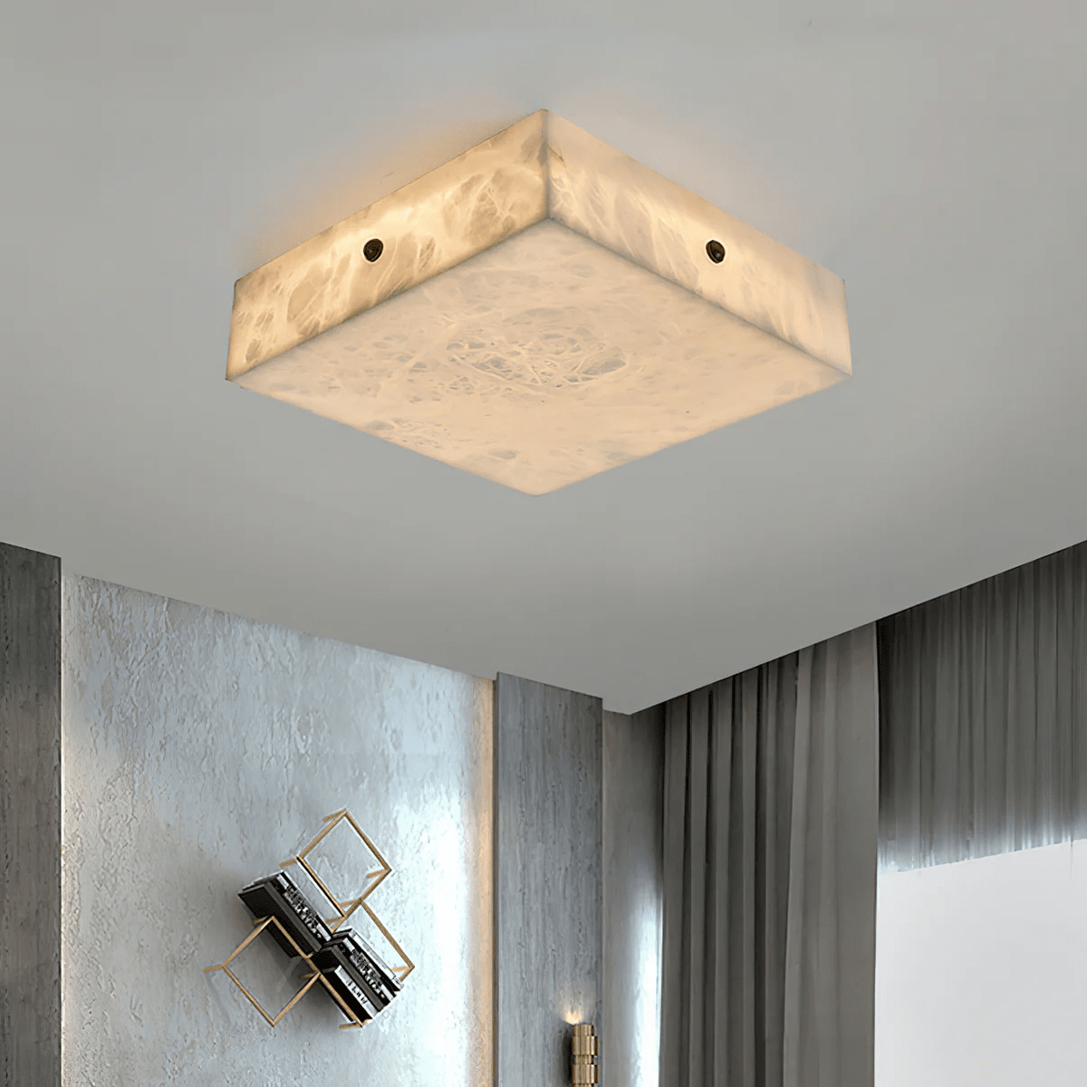Square Alabaster Ceiling Light – Modern Flush Mount with Brass Accents