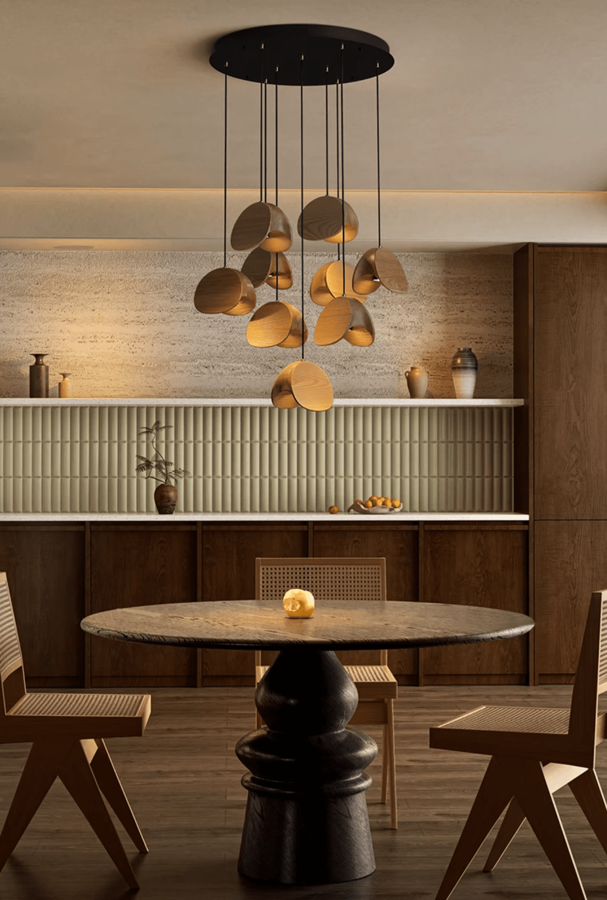 Orbit Fold Wood Pendant Light – Modern Nordic LED Hanging Lamp for Dining and Kitchen