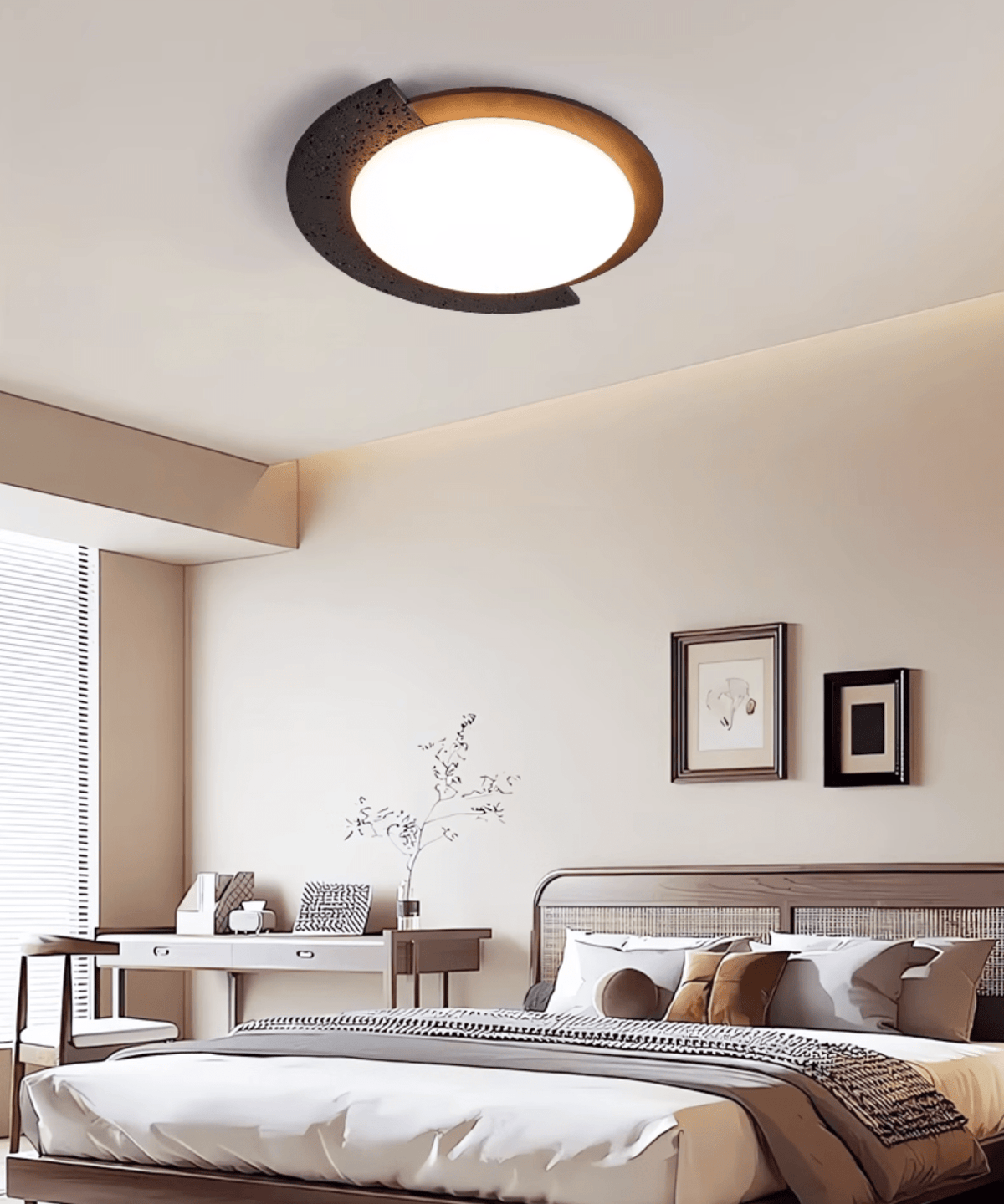 Black Travertine Ceiling Light with Walnut Accent – Modern Flush Mount LED