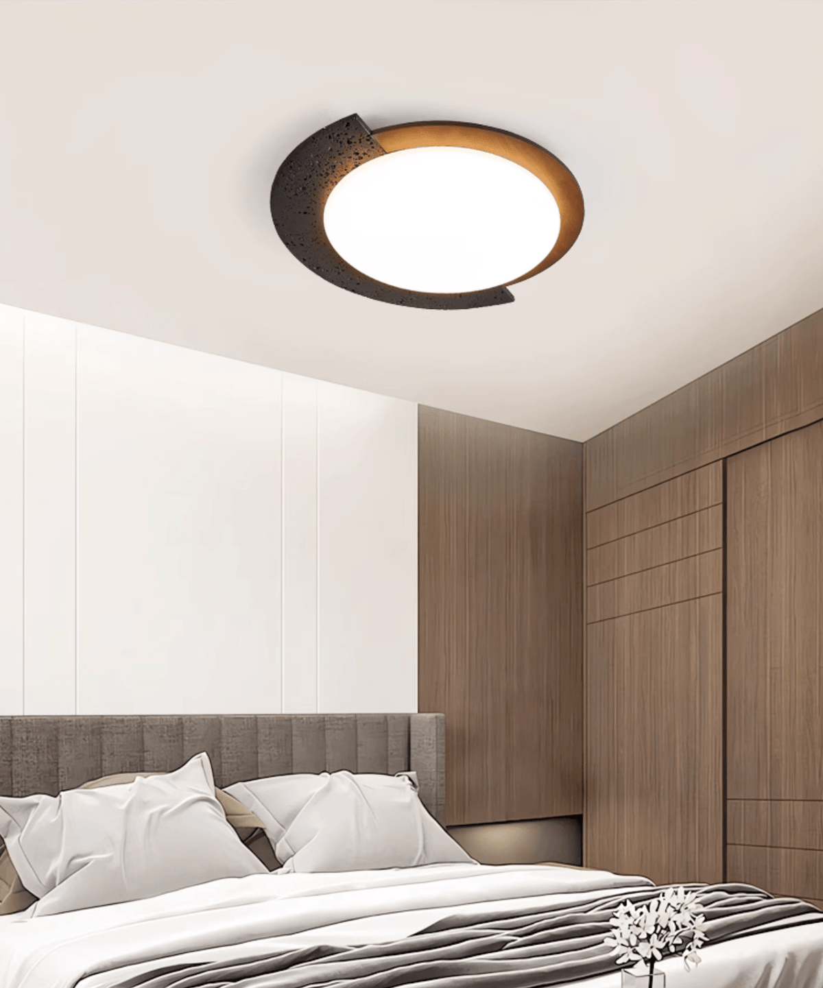 Black Travertine Ceiling Light with Walnut Accent – Modern Flush Mount LED