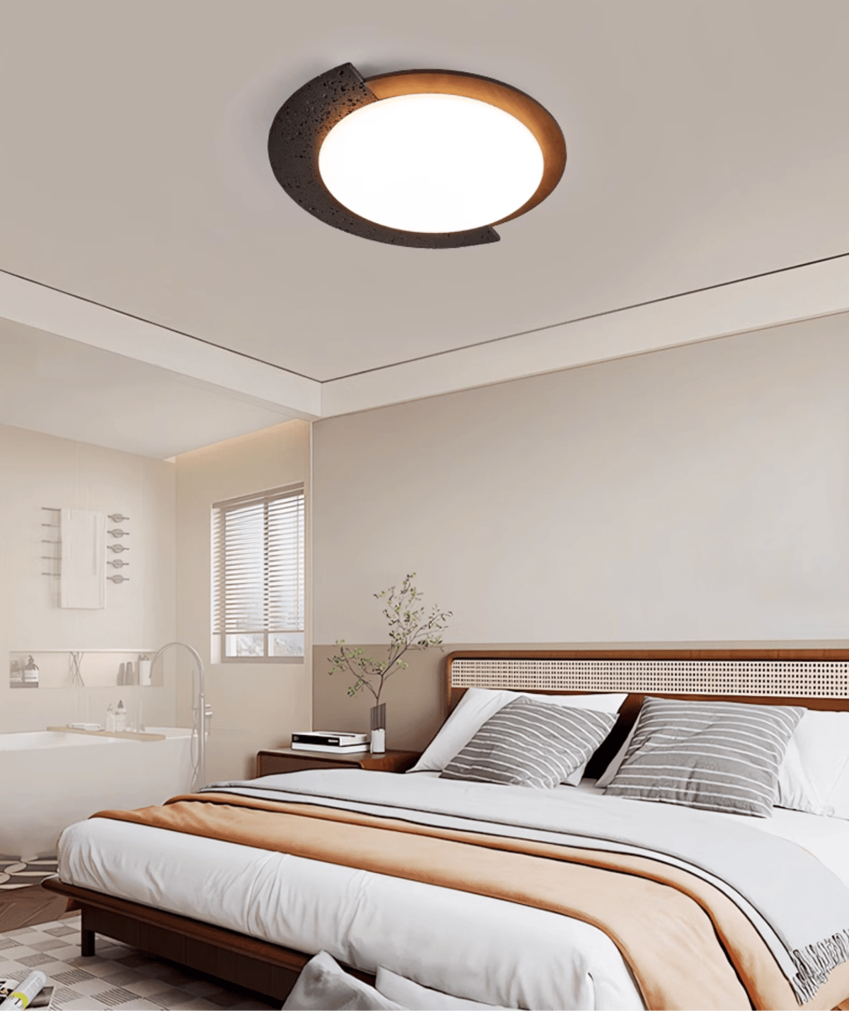 Black Travertine Ceiling Light with Walnut Accent – Modern Flush Mount LED