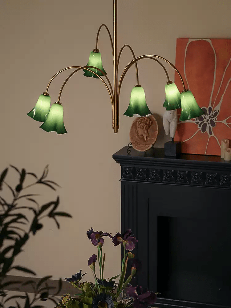 Willow Belle Six-Light Brass and Green Glass Chandelier for Dining and Living Rooms