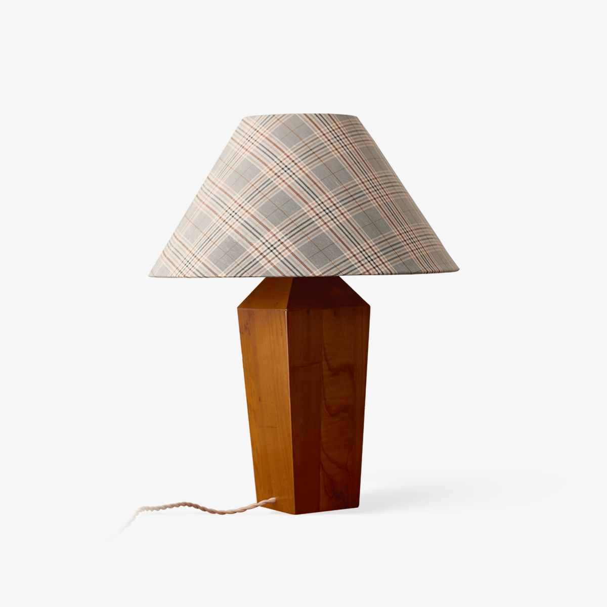 Claremont Plaid Table Lamp – Walnut Wood & Beige Fabric Shade