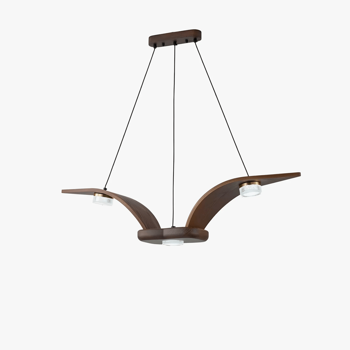 Flugi Modern Walnut Wood Chandelier with Crystal Glass and Gold Accents