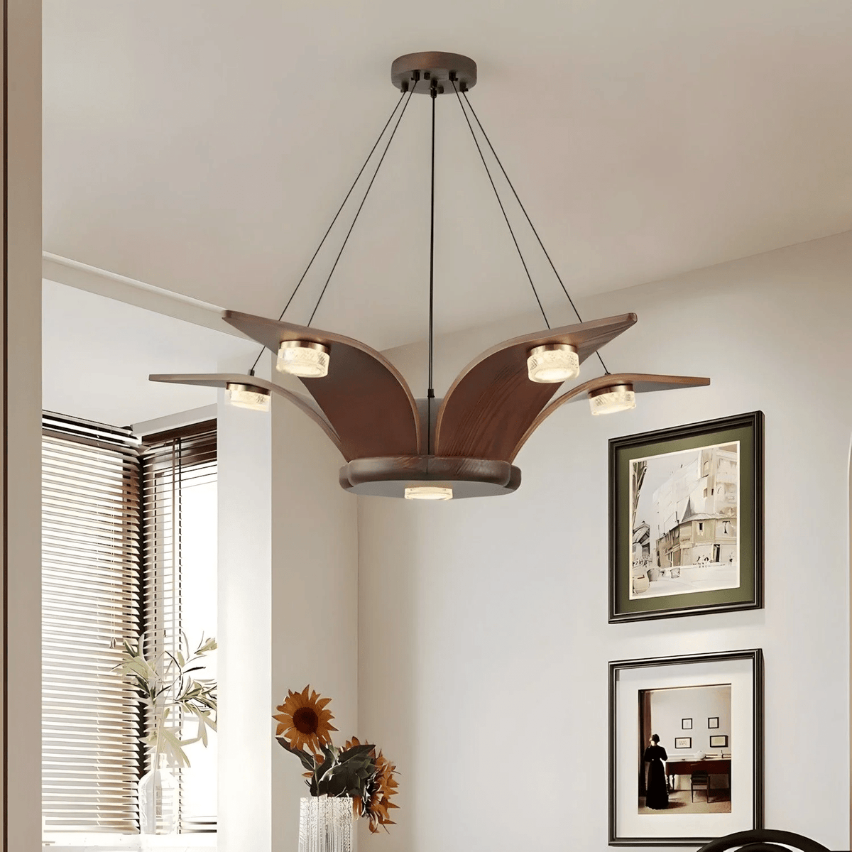 Flugi Modern Walnut Wood Chandelier with Crystal Glass and Gold Accents