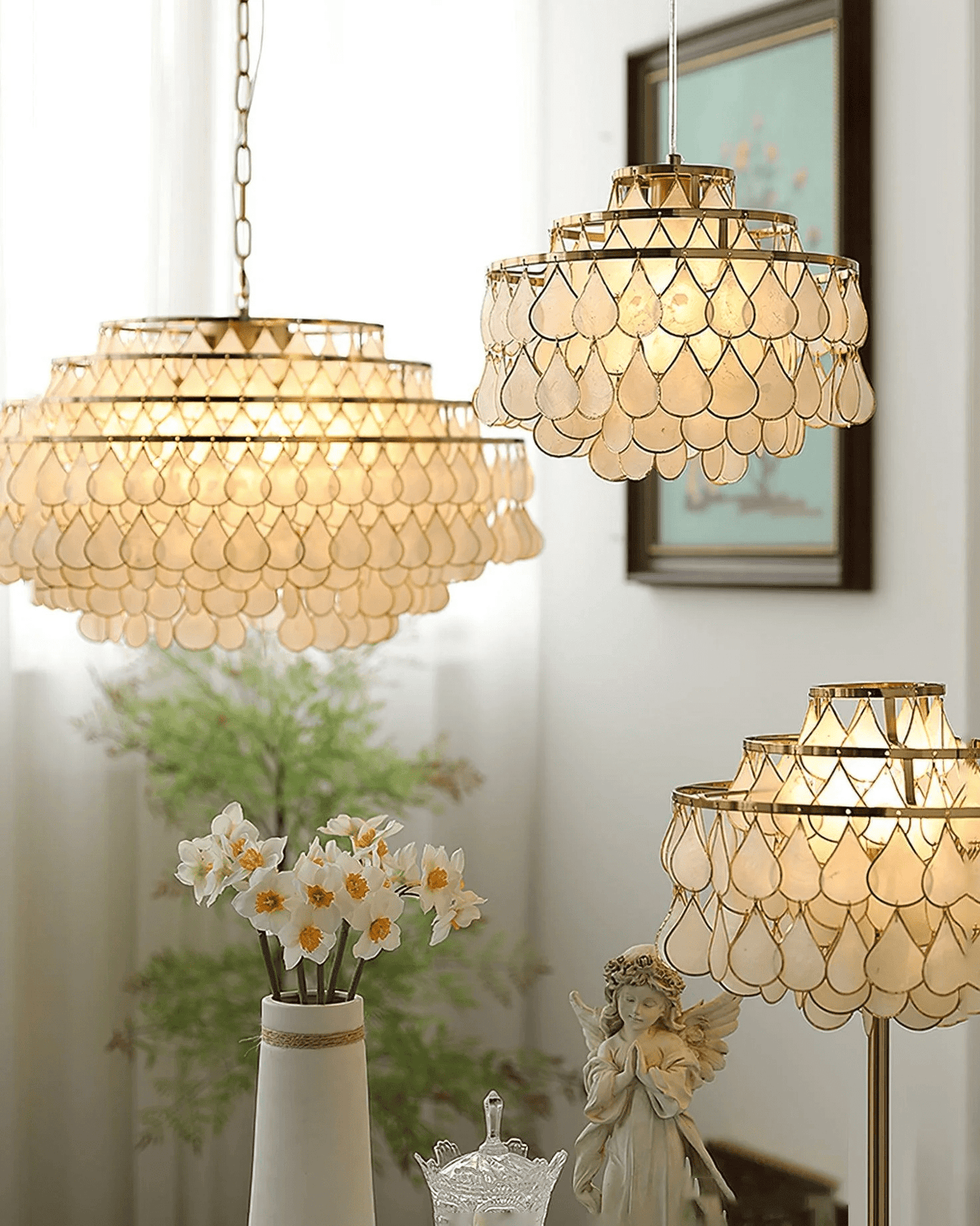 Teardrop Shell Chandelier in Gold Finish with Natural Shell Shades