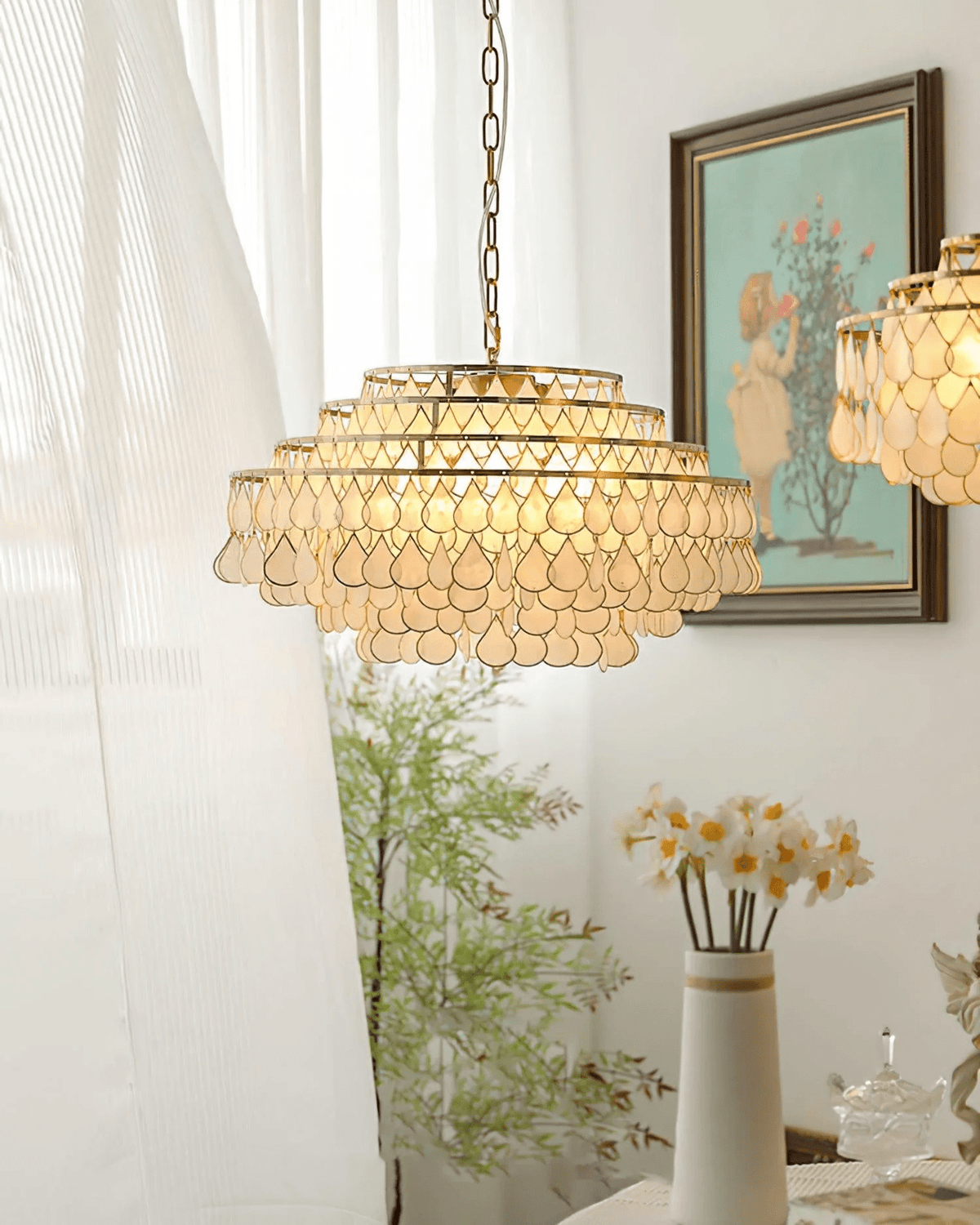 Teardrop Shell Chandelier in Gold Finish with Natural Shell Shades