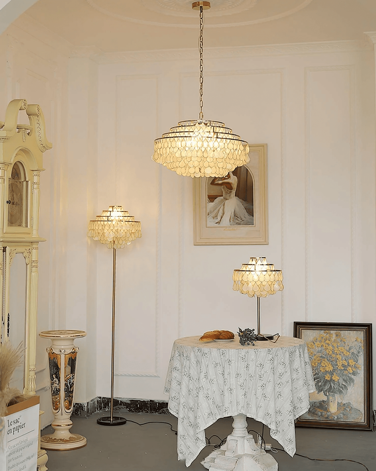 Teardrop Shell Chandelier in Gold Finish with Natural Shell Shades