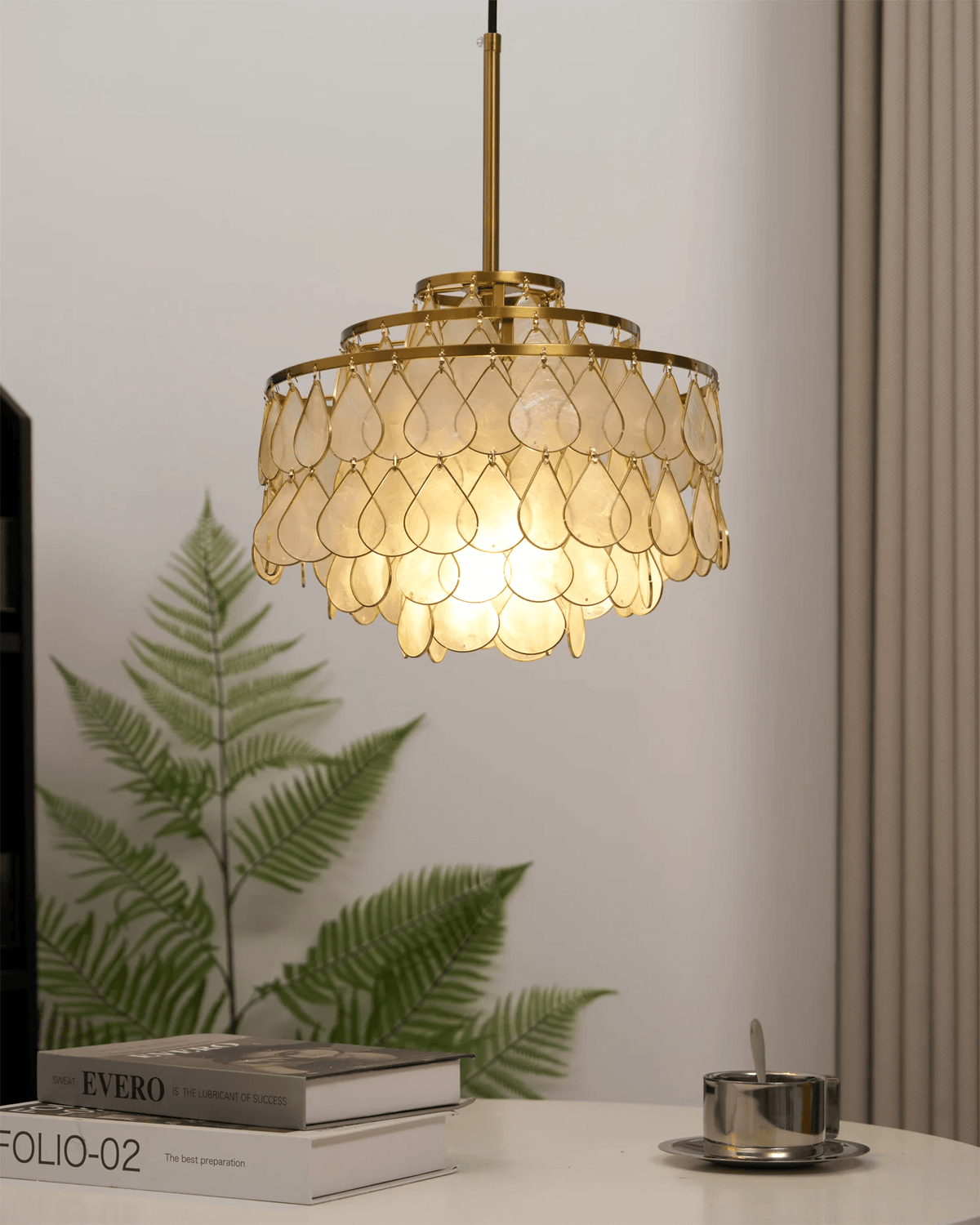 Teardrop Shell Chandelier in Gold Finish with Natural Shell Shades