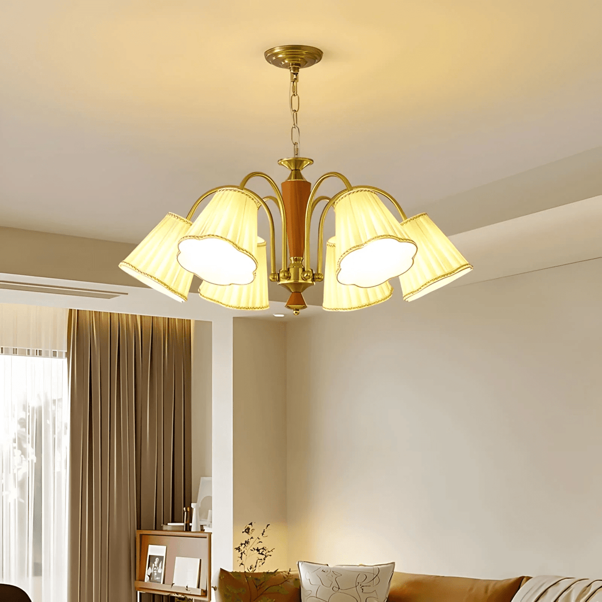 Bellora Bloom Floral Fabric Chandelier with Gold and Walnut Accents