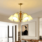 Bellora Bloom Floral Fabric Chandelier with Gold and Walnut Accents