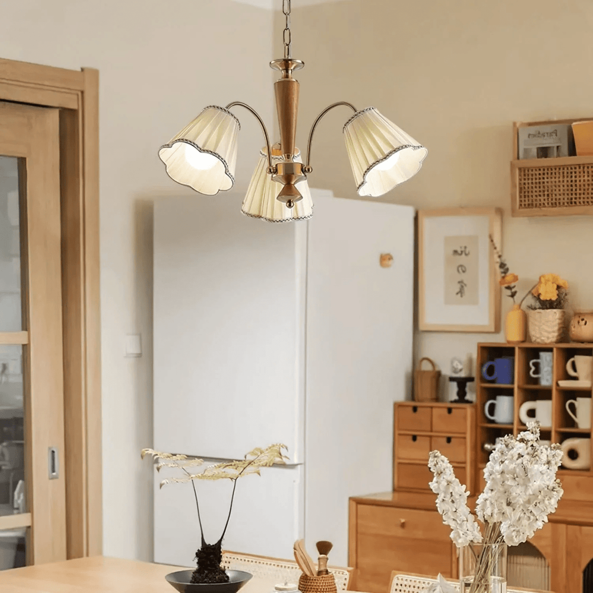 Bellora Bloom Floral Fabric Chandelier with Gold and Walnut Accents