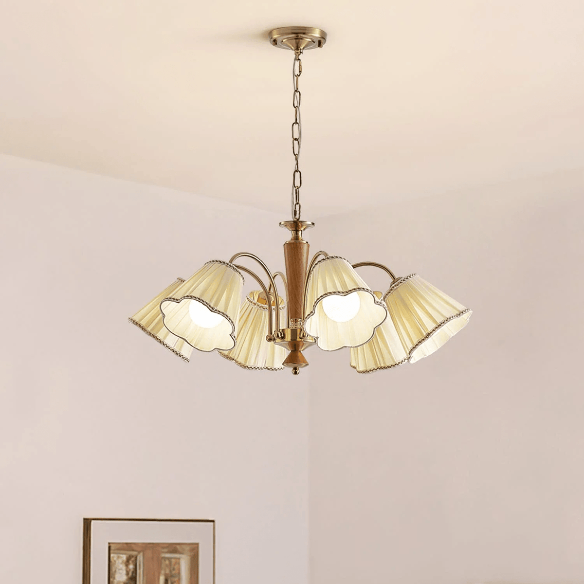 Bellora Bloom Floral Fabric Chandelier with Gold and Walnut Accents