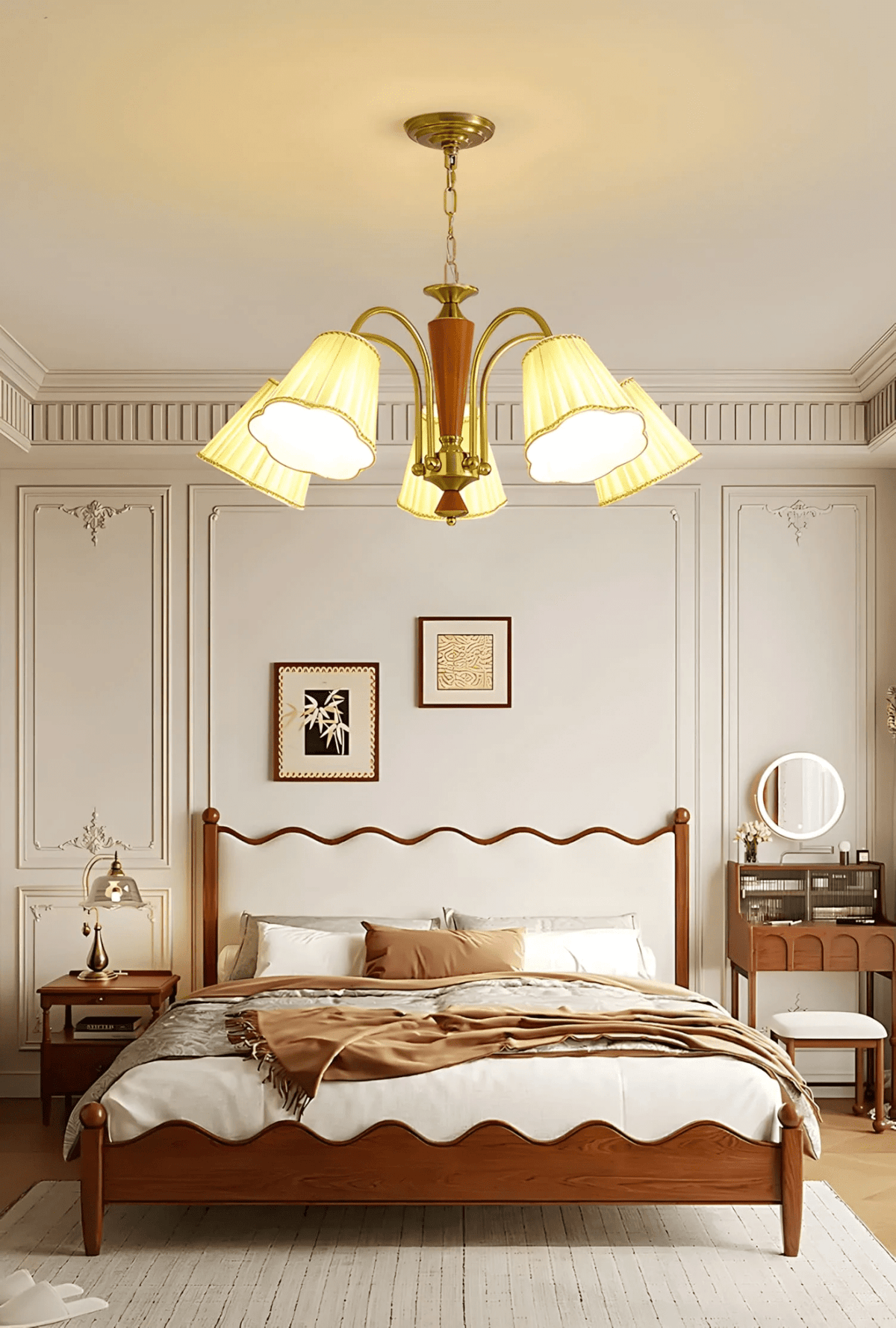 Bellora Bloom Floral Fabric Chandelier with Gold and Walnut Accents