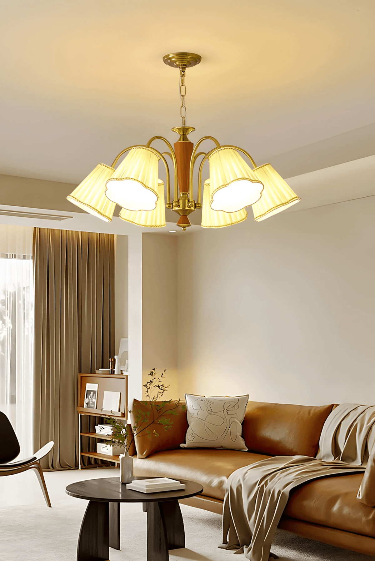 Bellora Bloom Floral Fabric Chandelier with Gold and Walnut Accents
