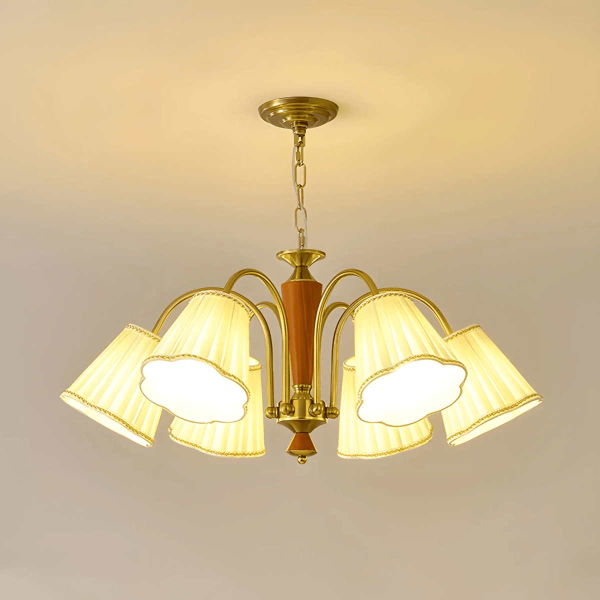 Bellora Bloom Floral Fabric Chandelier with Gold and Walnut Accents