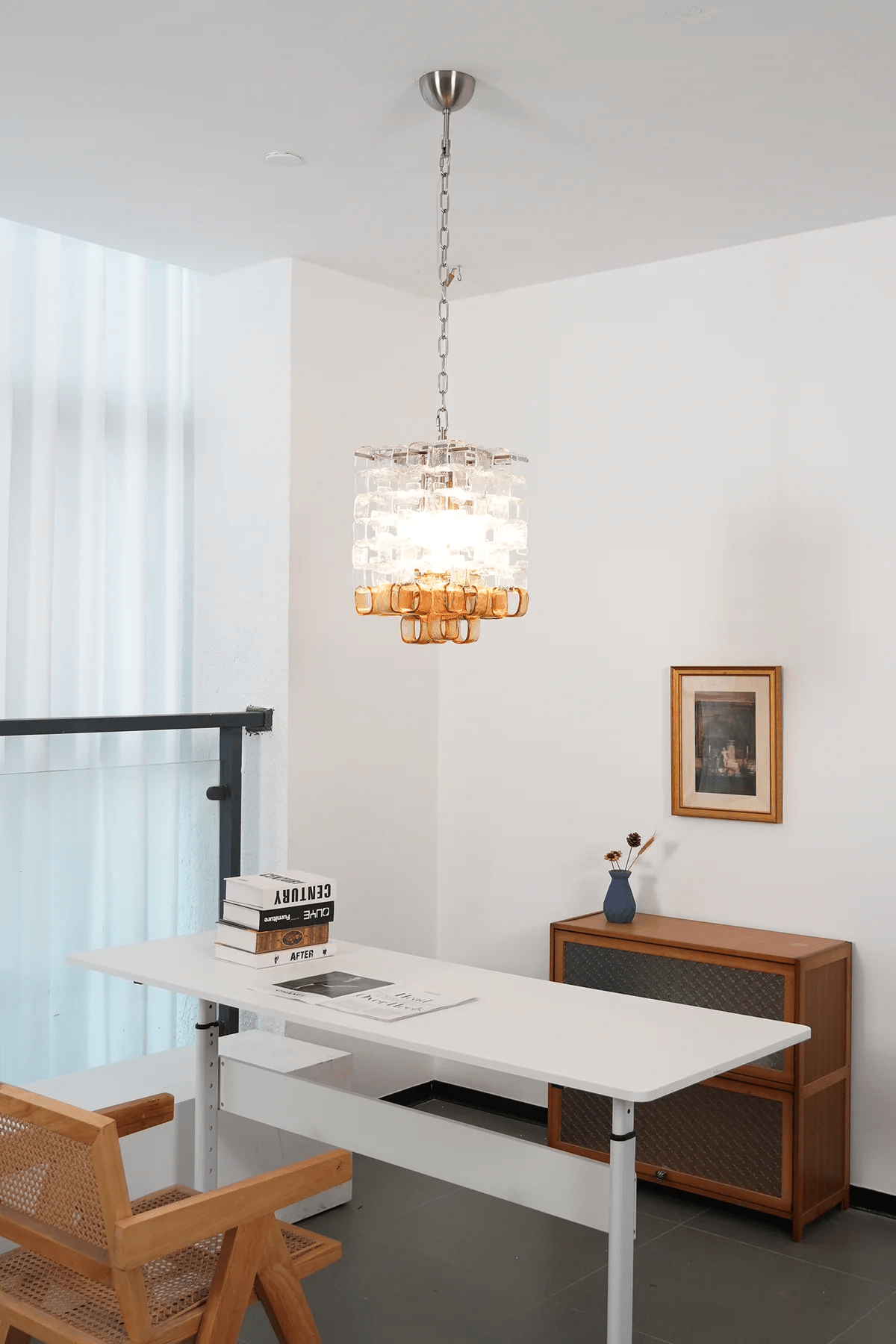 Interlocking Glass Chandelier with Amber Cups and Chrome Frame