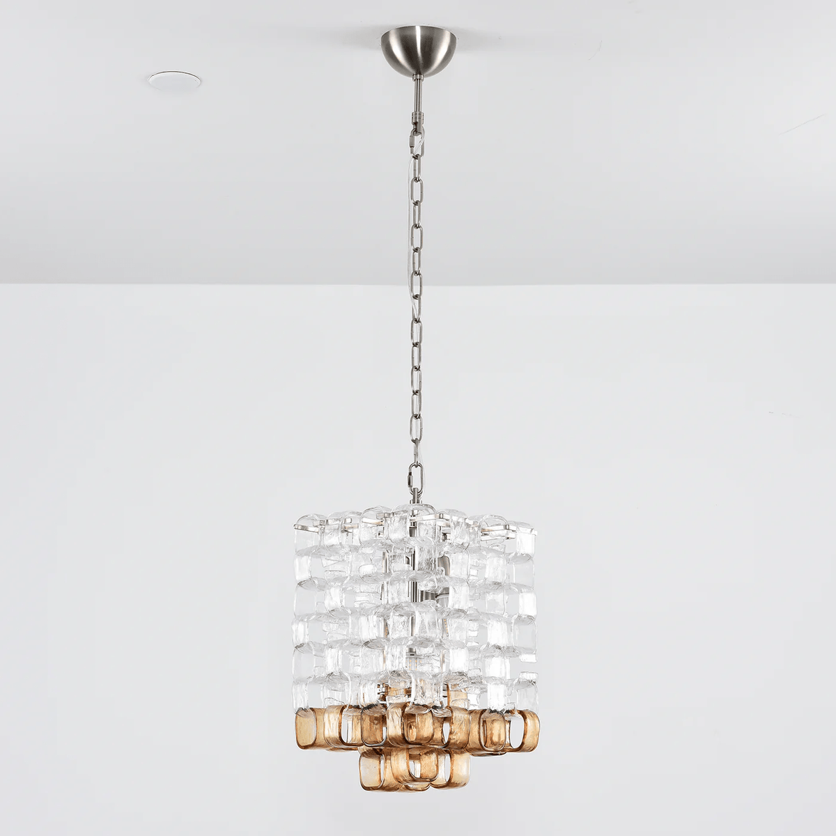 Interlocking Glass Chandelier with Amber Cups and Chrome Frame