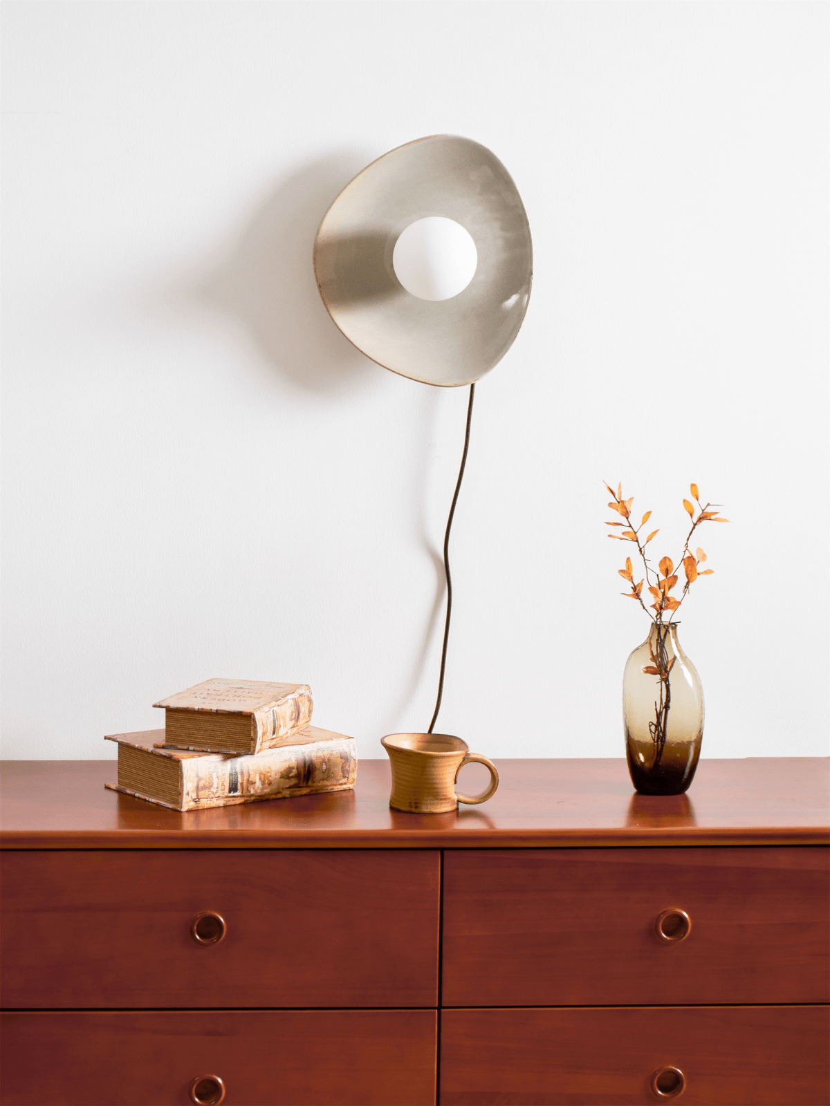 Pebble Disc Ceramic Plug-In Wall Sconce, Taupe & White, Modern Minimalist