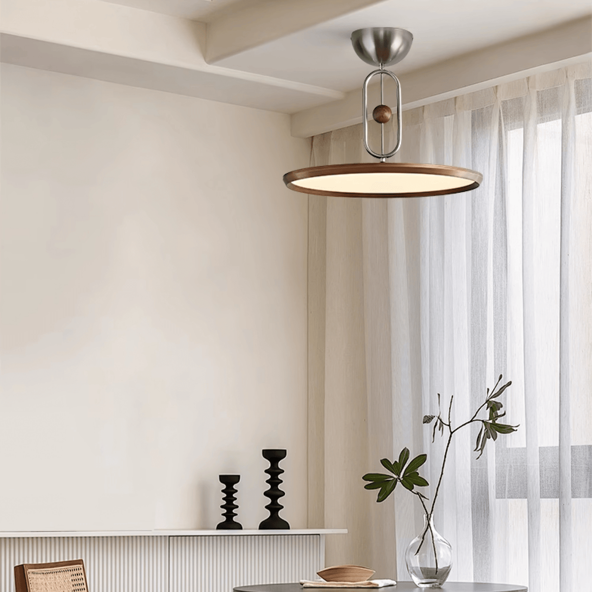 Orbito Semi Flush Ceiling Light in Walnut Wood Grain and Nickel