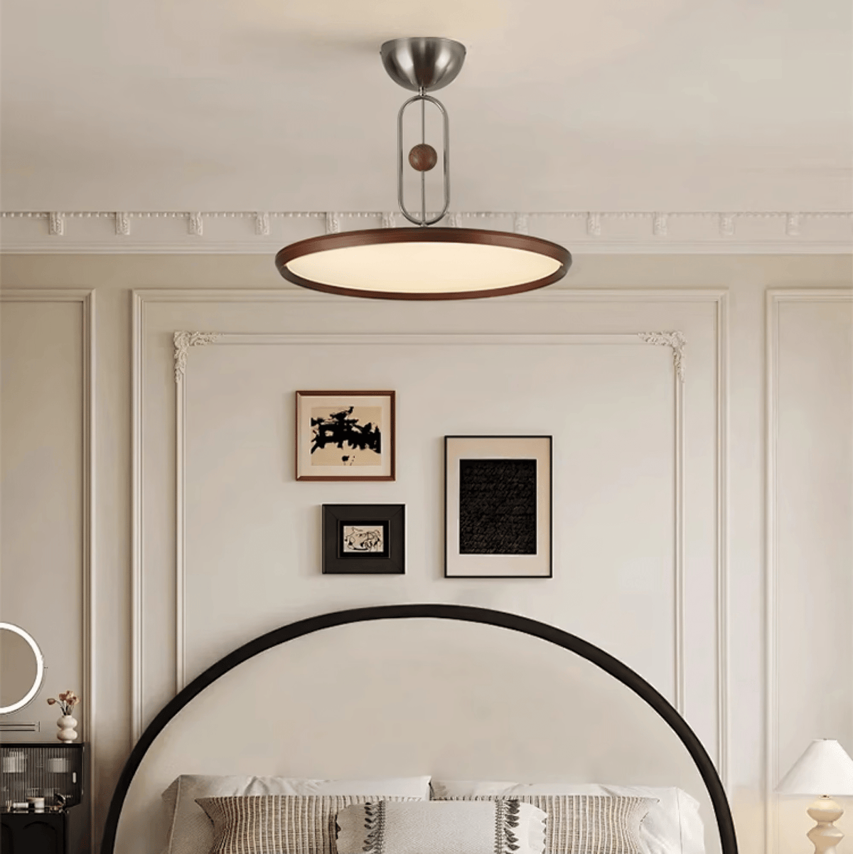 Orbito Semi Flush Ceiling Light in Walnut Wood Grain and Nickel