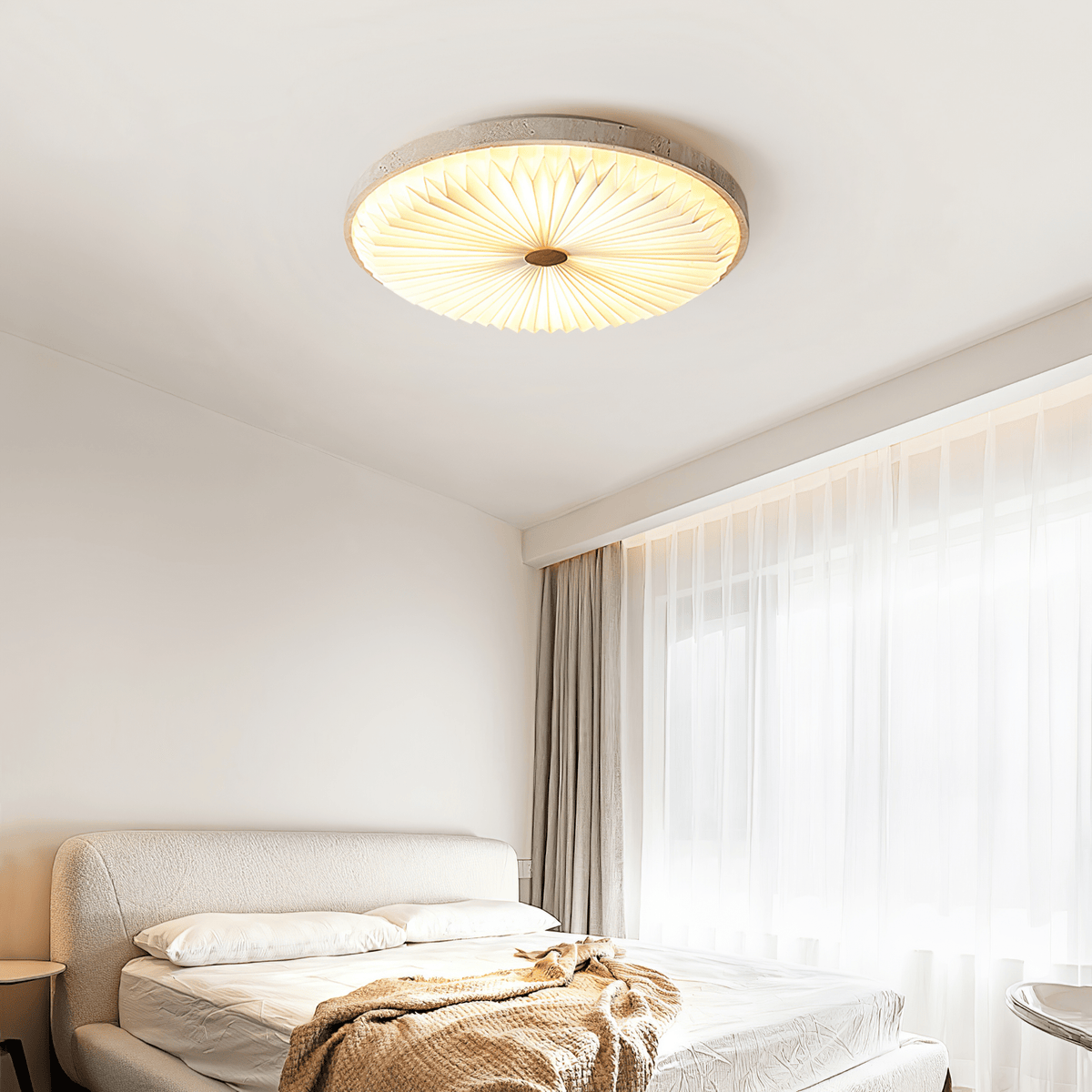 Heliora Travertine LED Flush Mount Ceiling Light, Modern Sunburst Design