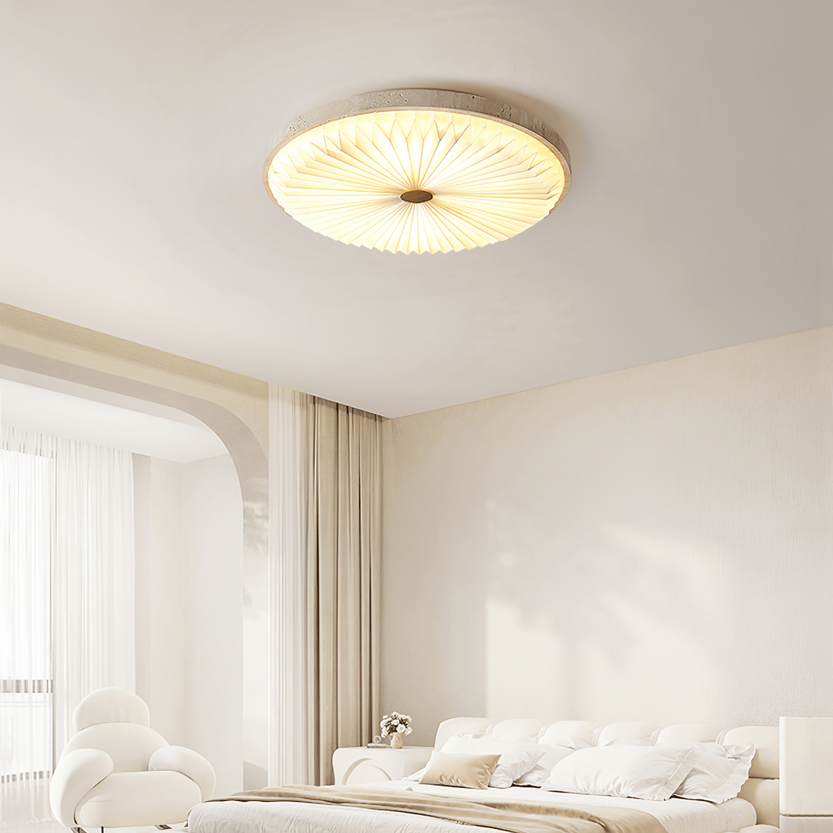 Heliora Travertine LED Flush Mount Ceiling Light, Modern Sunburst Design