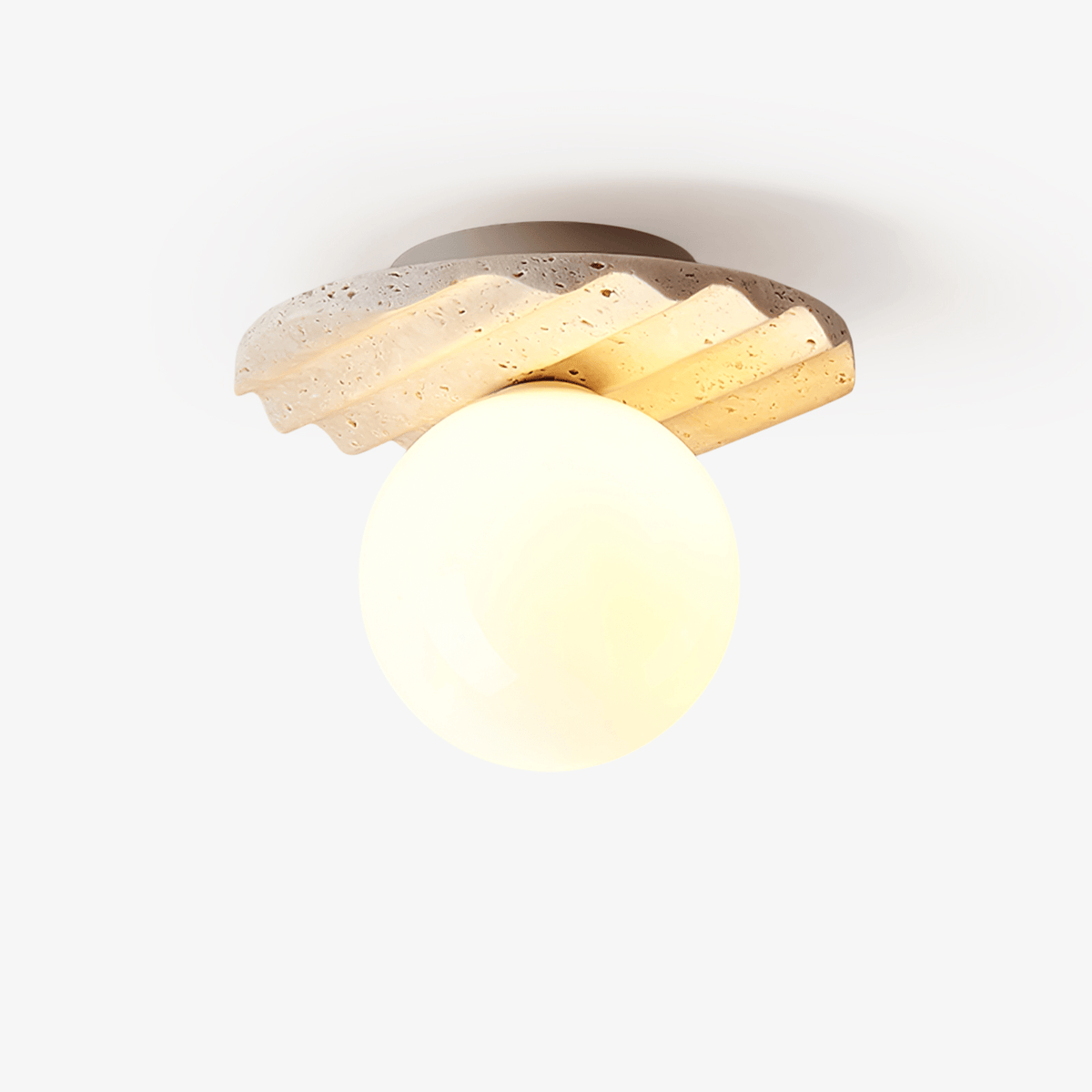 Terra Globe Ceiling Light in Hand-Chiseled Travertine with Opal Glass Shade