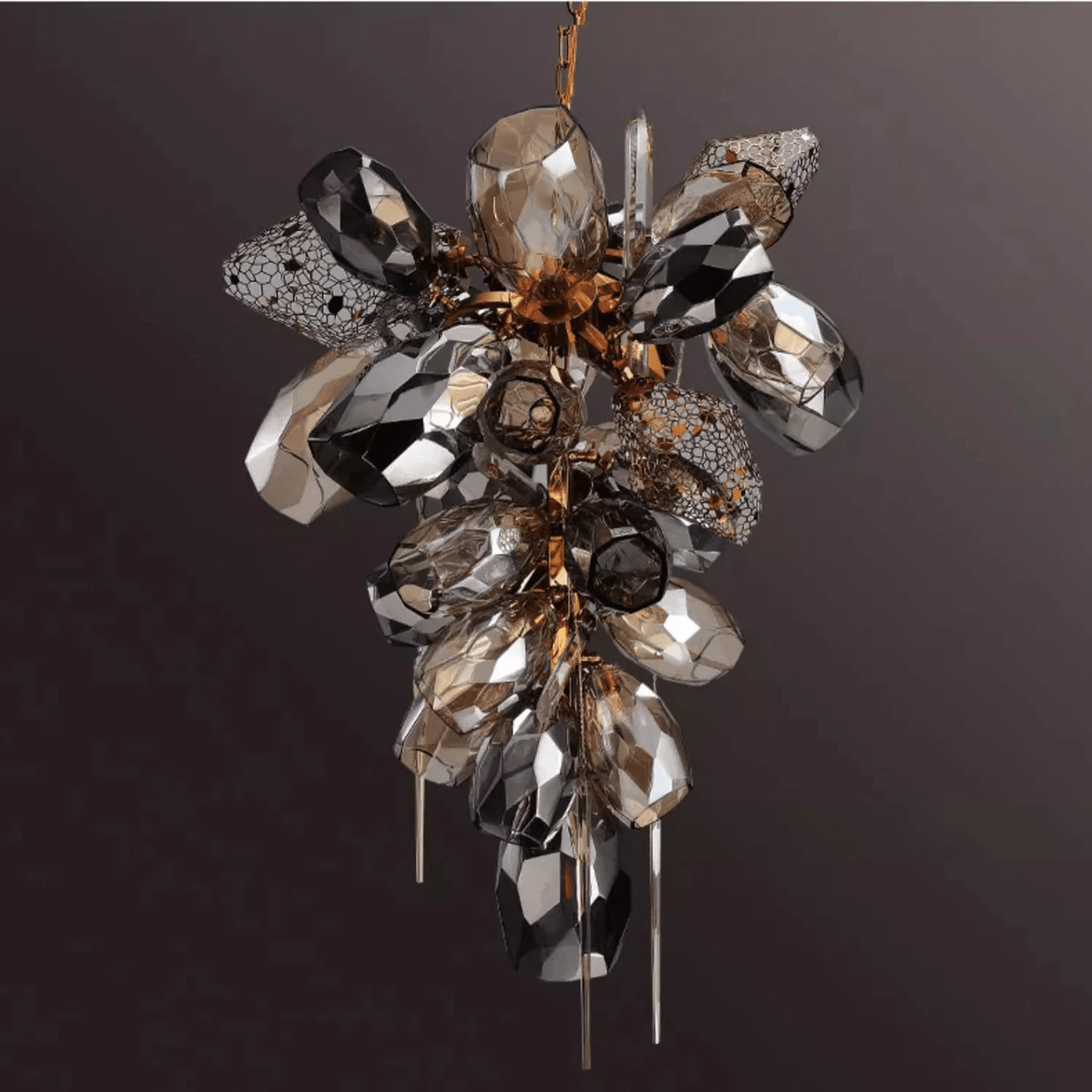 Faceted Art Glass Crystal Chandelier, 23-Light Gold Cluster for Dining & Living Spaces