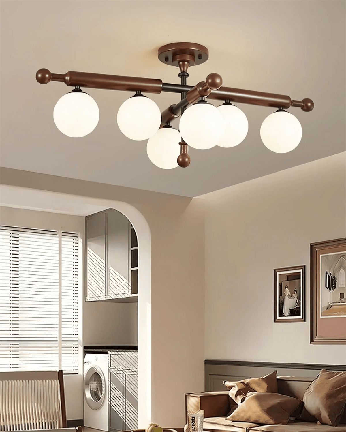 Alder Grove Flush Mount Ceiling Light in Walnut and Frosted Glass