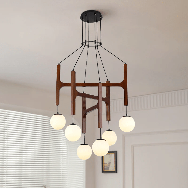Lunna Orb Chandelier – Modern Wood and Glass Pendant Light