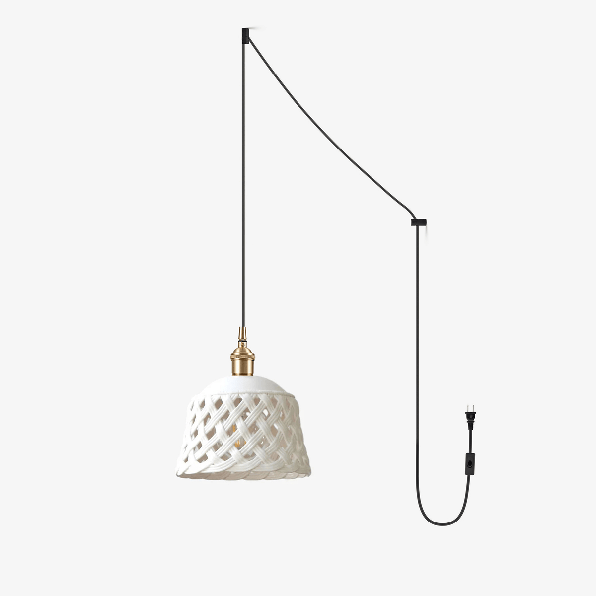 Artisan Ceramic Pendant Light with Brass Accents, Handwoven Openwork Shade