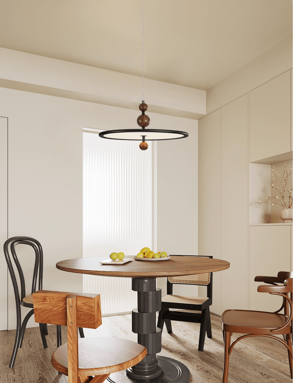 Eclipsa Modern Pendant Light with Walnut Finish and Black Metal Halo