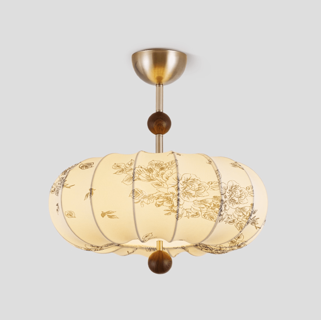 Fleur Lantern Pendant Light – Ivory Floral Shade with Walnut or Nickel Accents