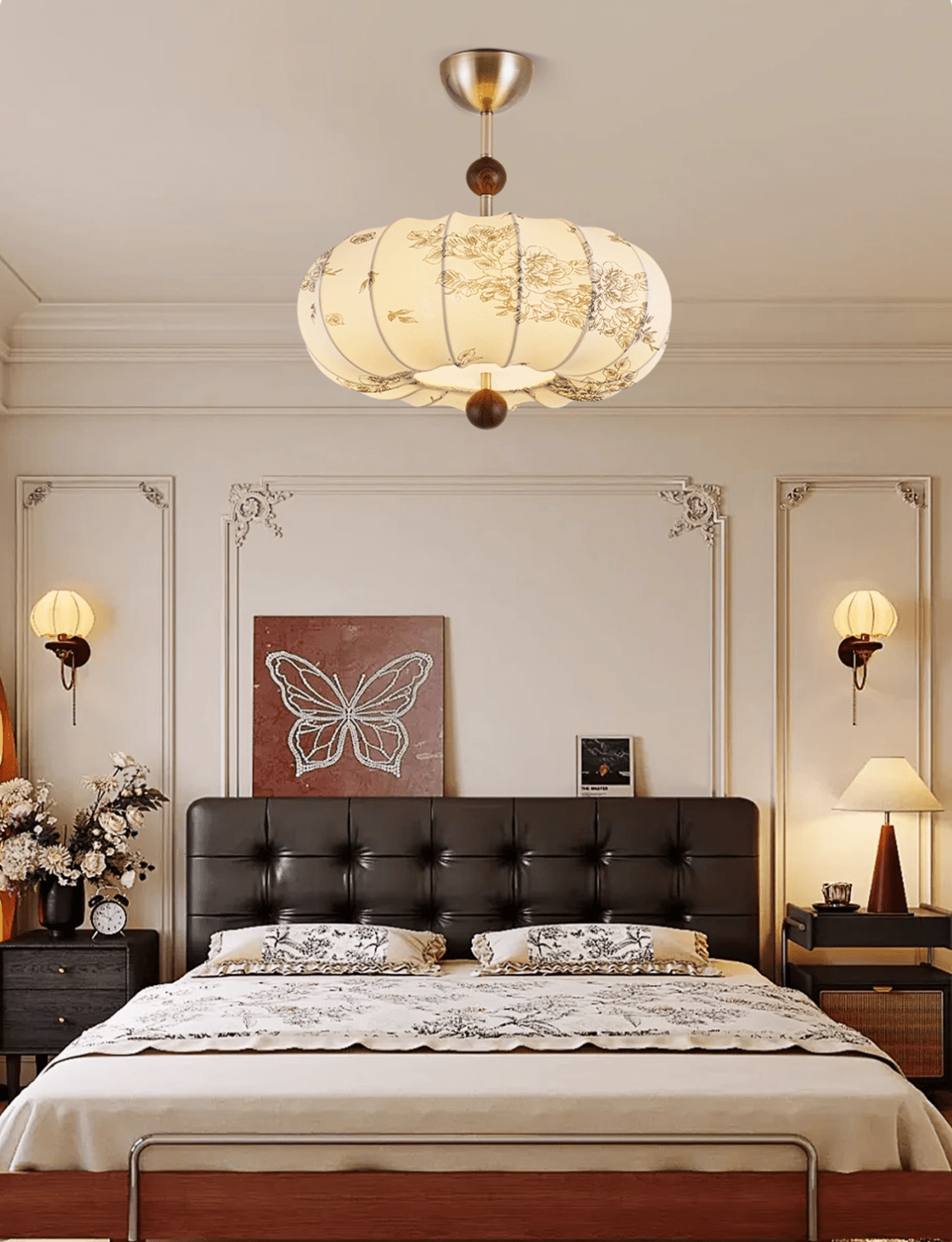 Fleur Lantern Pendant Light – Ivory Floral Shade with Walnut or Nickel Accents