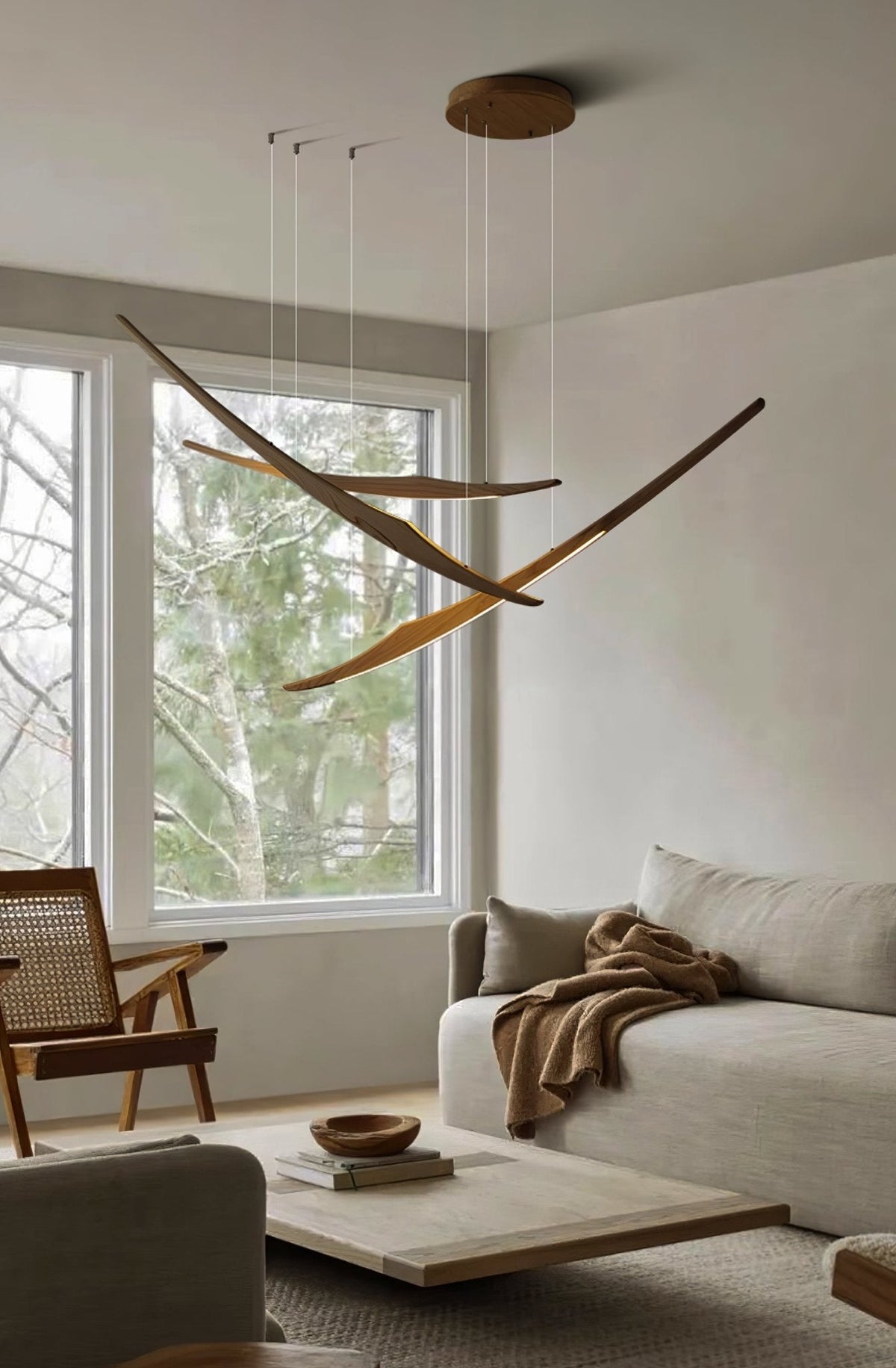 Skytrace Sculptural Wood LED Pendant Light, Modern Linear Chandelier