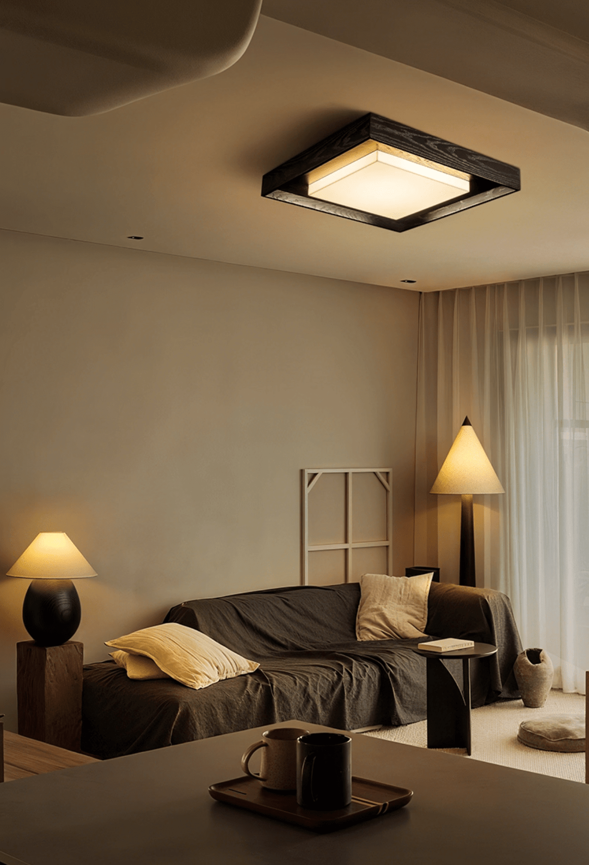 Kurin Wood Frame Ceiling Light – Modern Flush Mount LED for Bedroom, Dining, Living Room