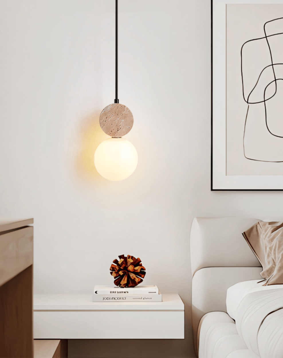 Orla Travertine Pendant Light – Sculptural Stone & Opal Glass