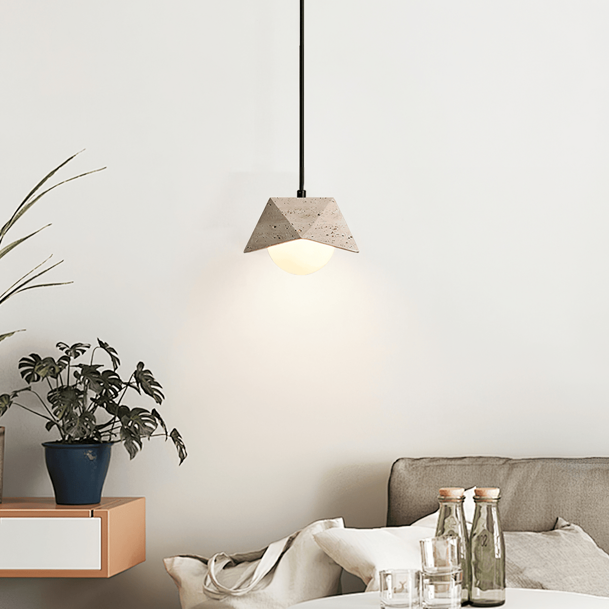 Kaelo Pendant Light in Yellow Travertine with Glass Globe