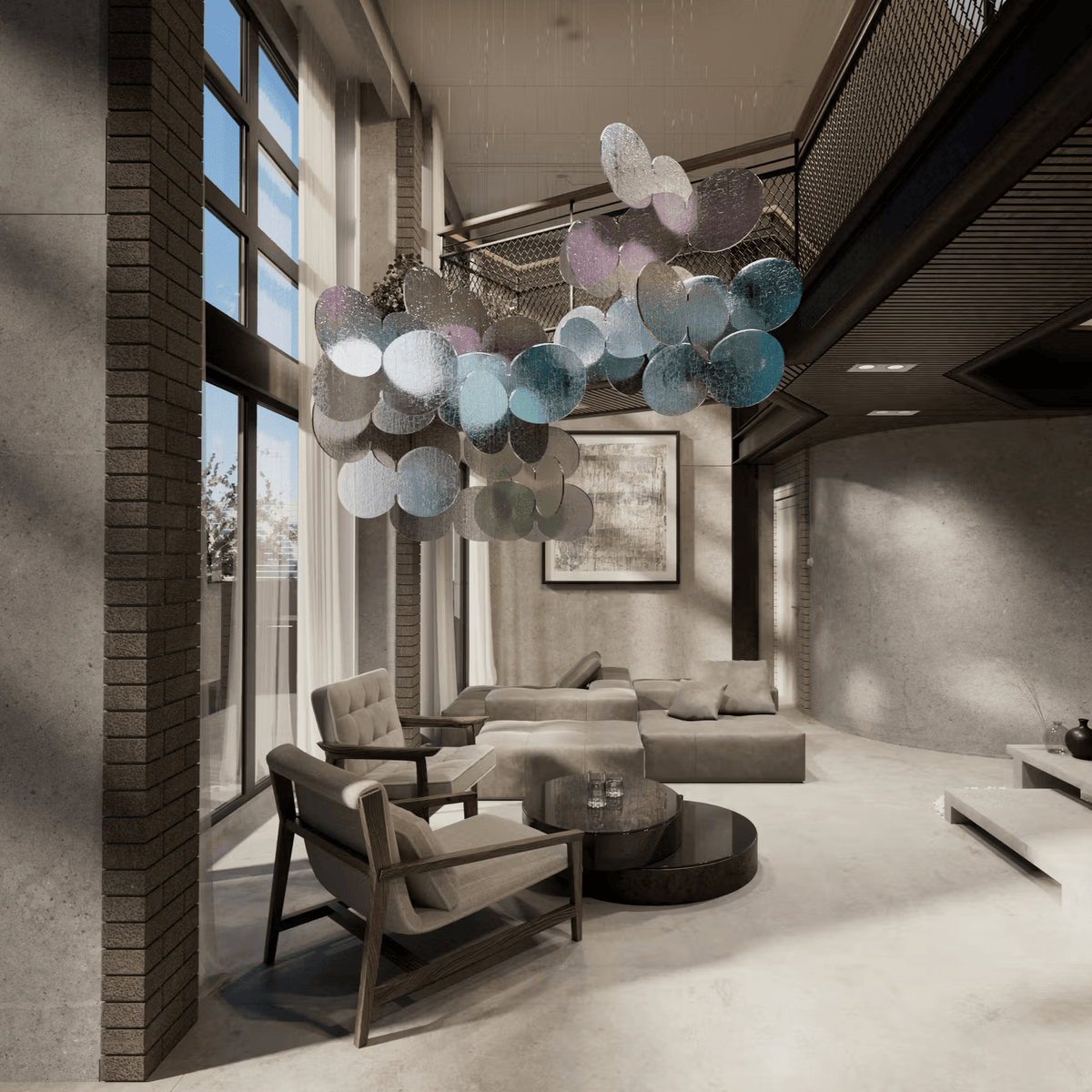 Iridescent Disc Chandelier with Cloud Glass Accents
