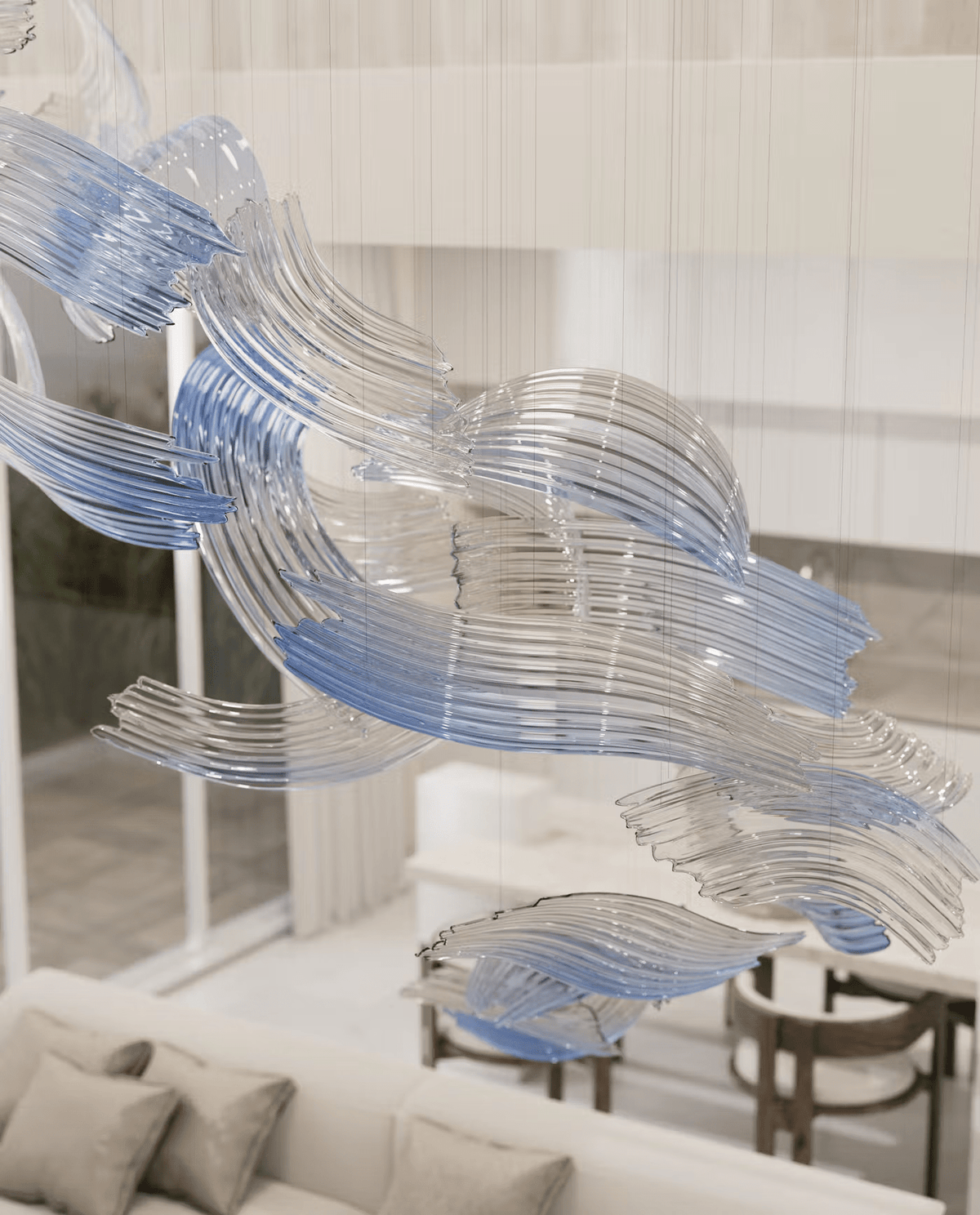Brush Art Glass Chandelier — Sculptural Blue & Clear Glass Pendant Light