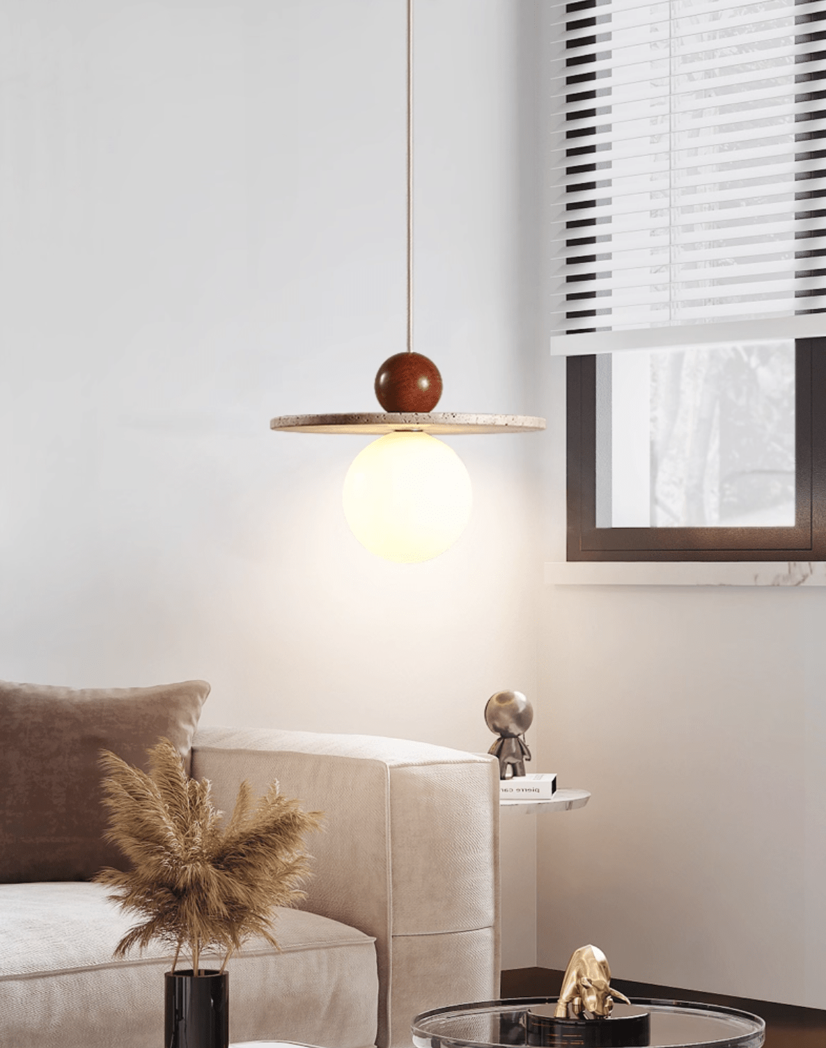 Solen Pendant Light in Travertine and Wood – Modern Designer Ceiling Lamp