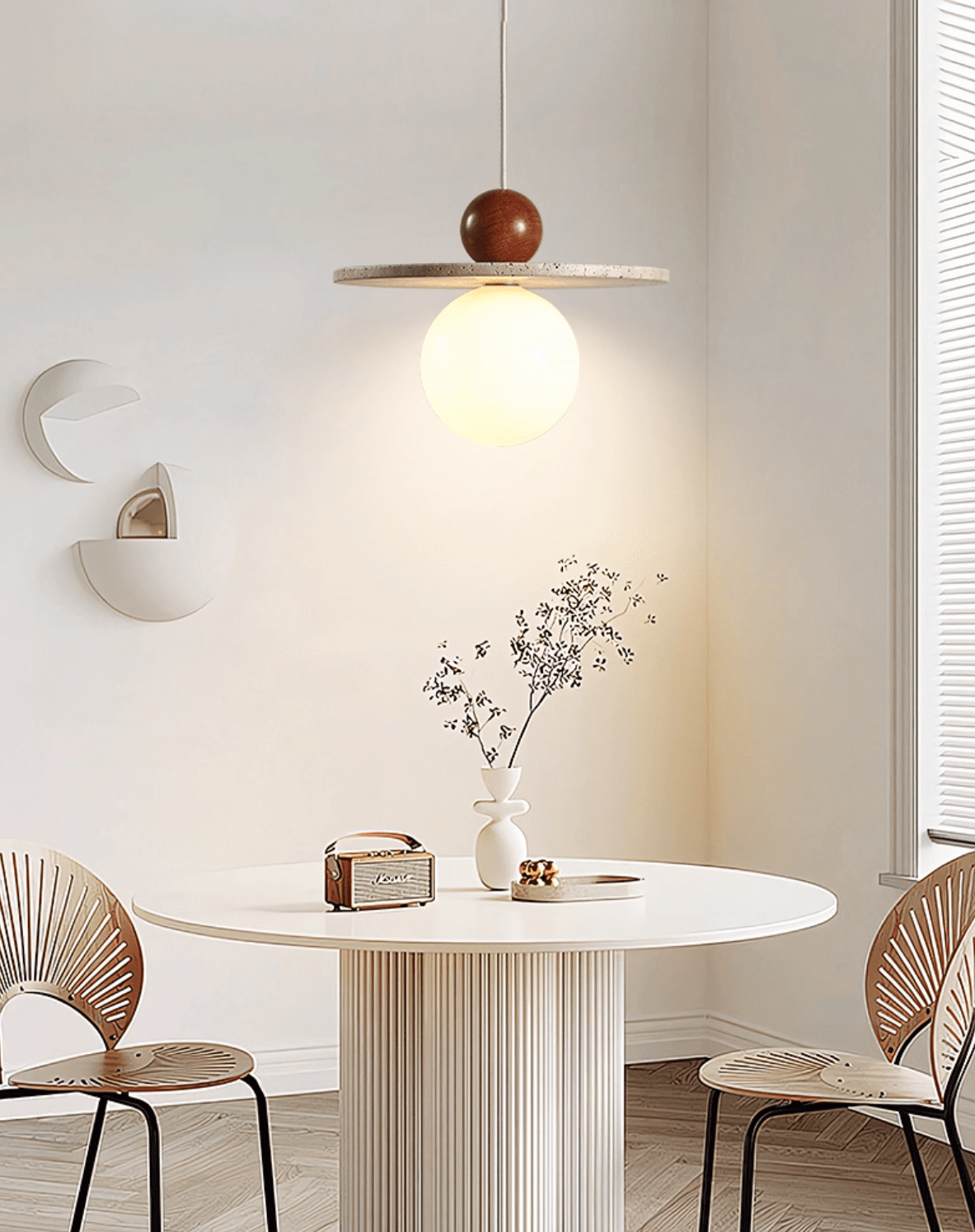 Solen Pendant Light in Travertine and Wood – Modern Designer Ceiling Lamp