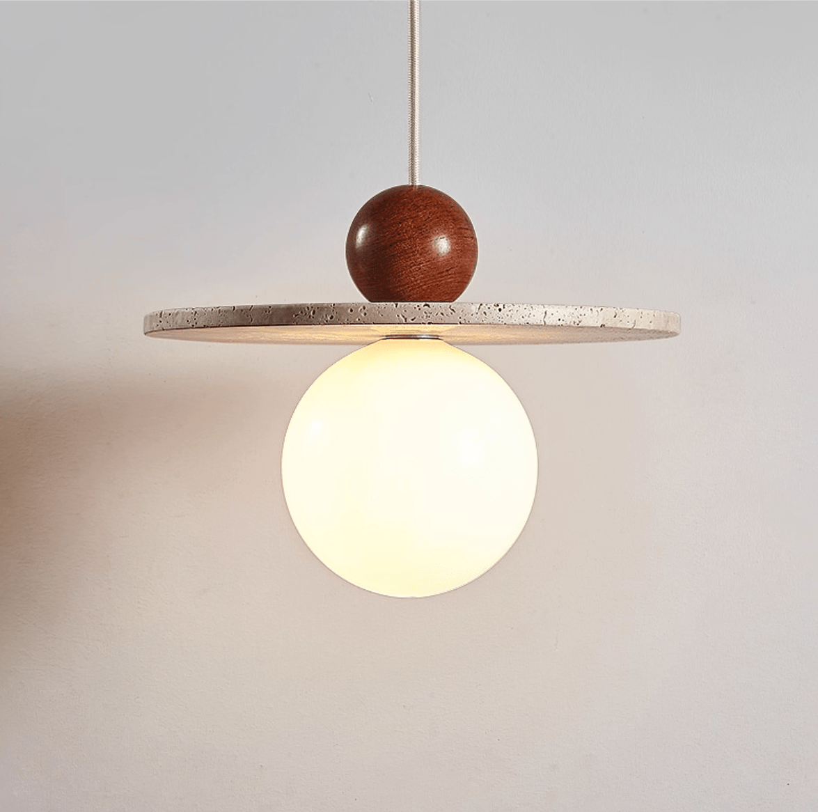 Solen Pendant Light in Travertine and Wood – Modern Designer Ceiling Lamp